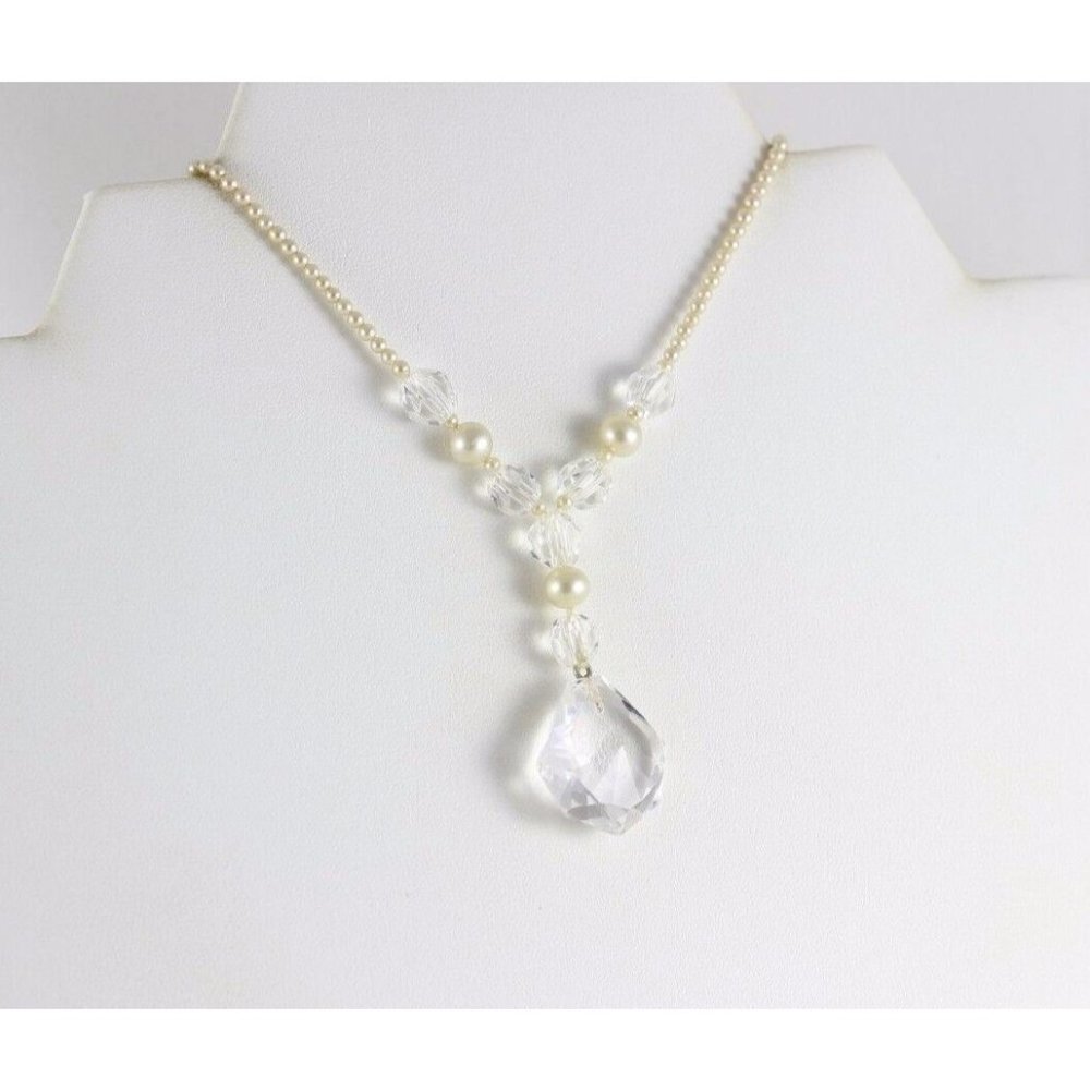 Sterling Silver Seed Pearl and Crystal Necklace 15 inch Chain Antique Victorian